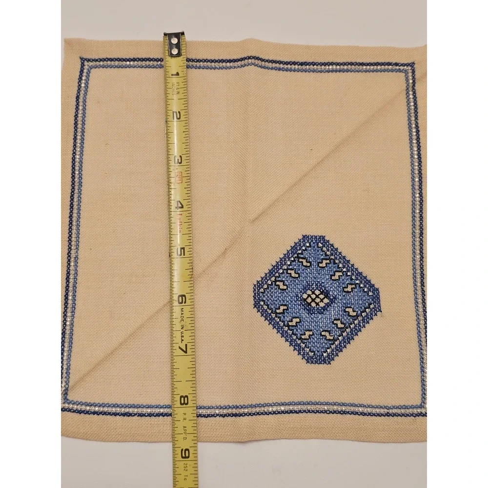 Vintage Handmade Cross Stitch Cocktail Napkins Set of 4 Tan Blue Geometric MCM